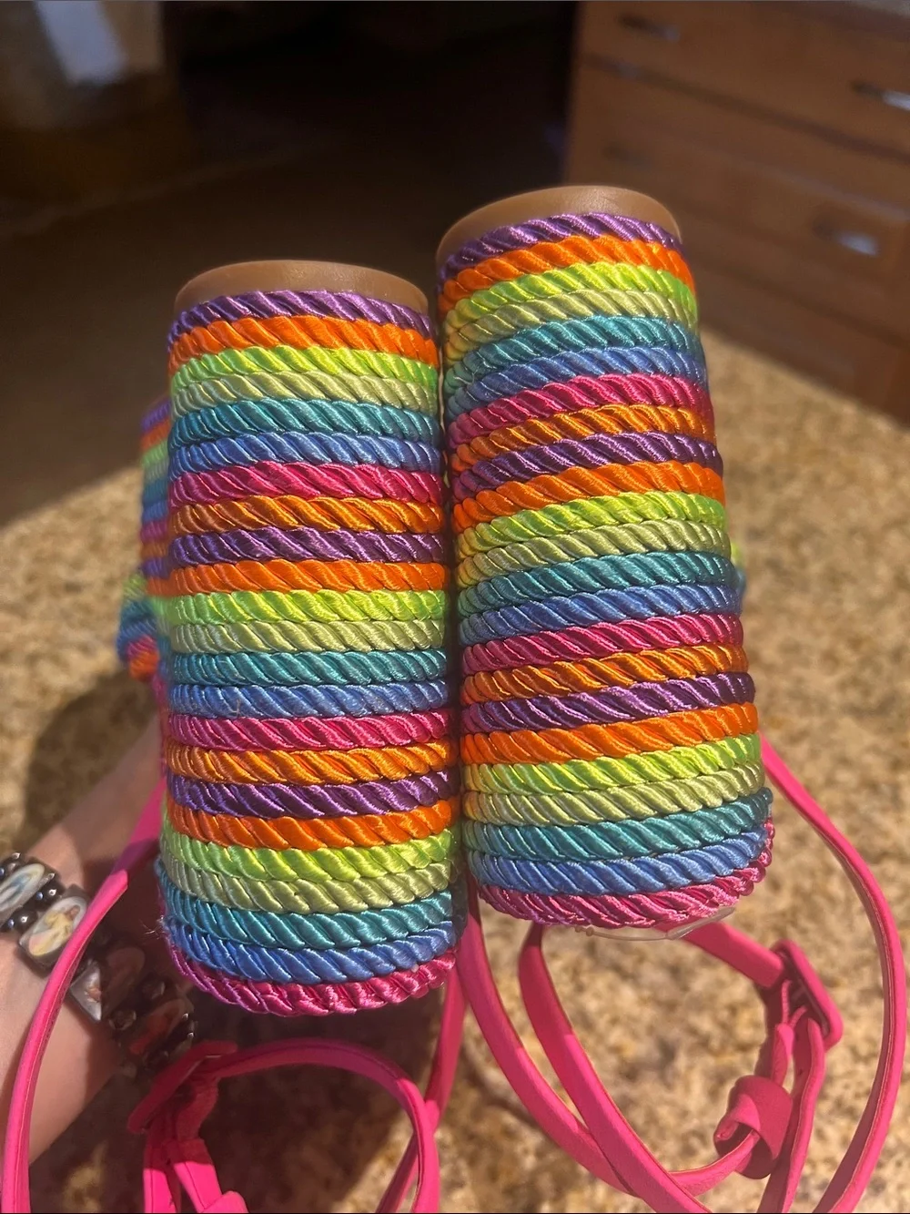 Gianni Bini Hot Pink Rainbow Rope Wedge Sandals